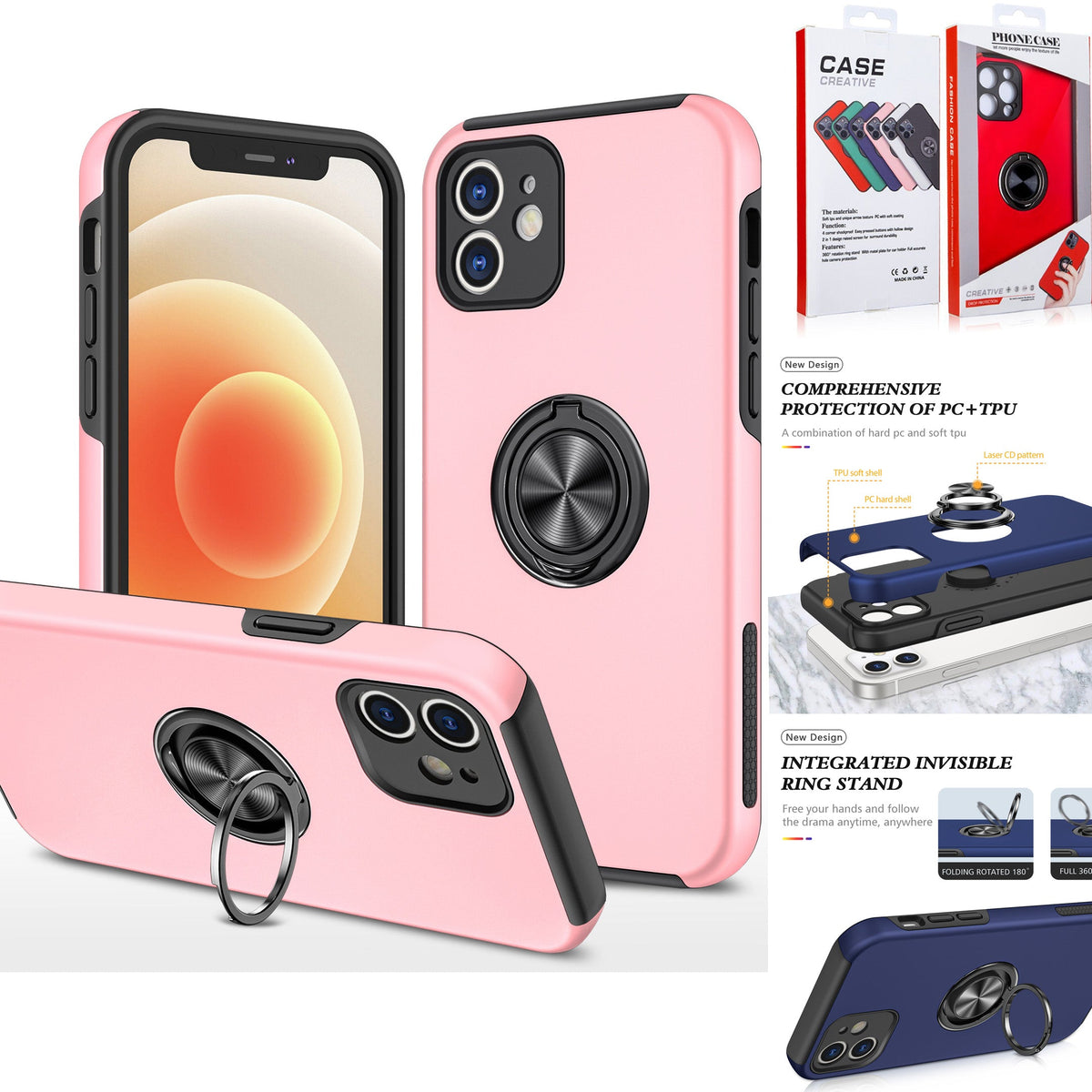 Iphone 16 plus Matte Finish Invisible Ring Case Dual Layer with 360? Rotating Stand (B012)