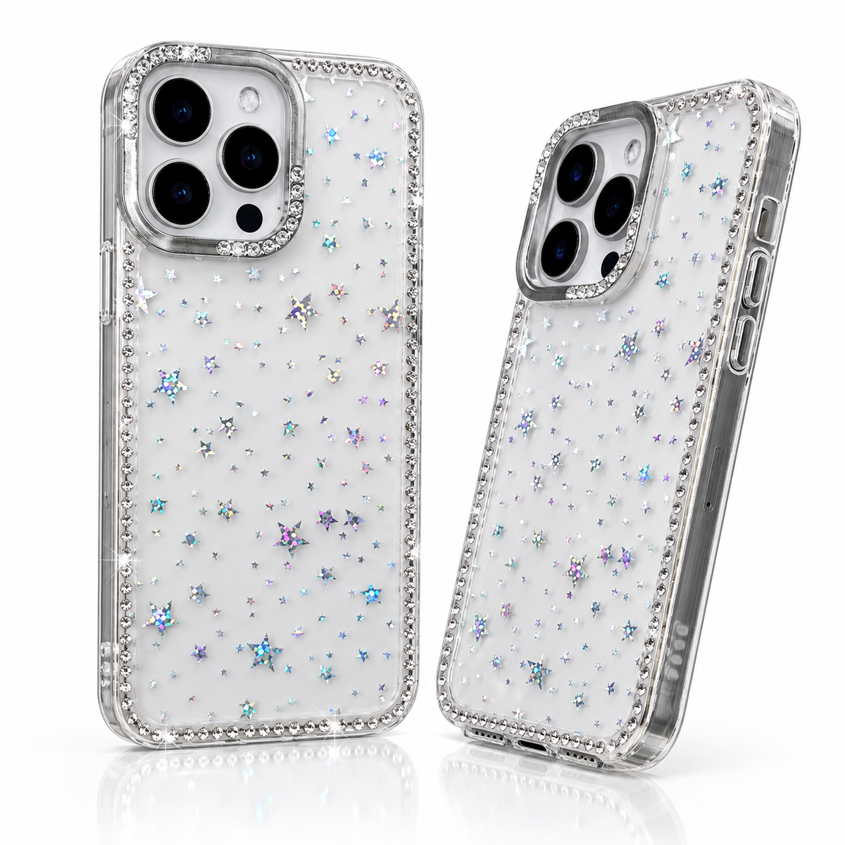 iPhone 14 Plus Slim fit clear case with glitter star pattern camera protection