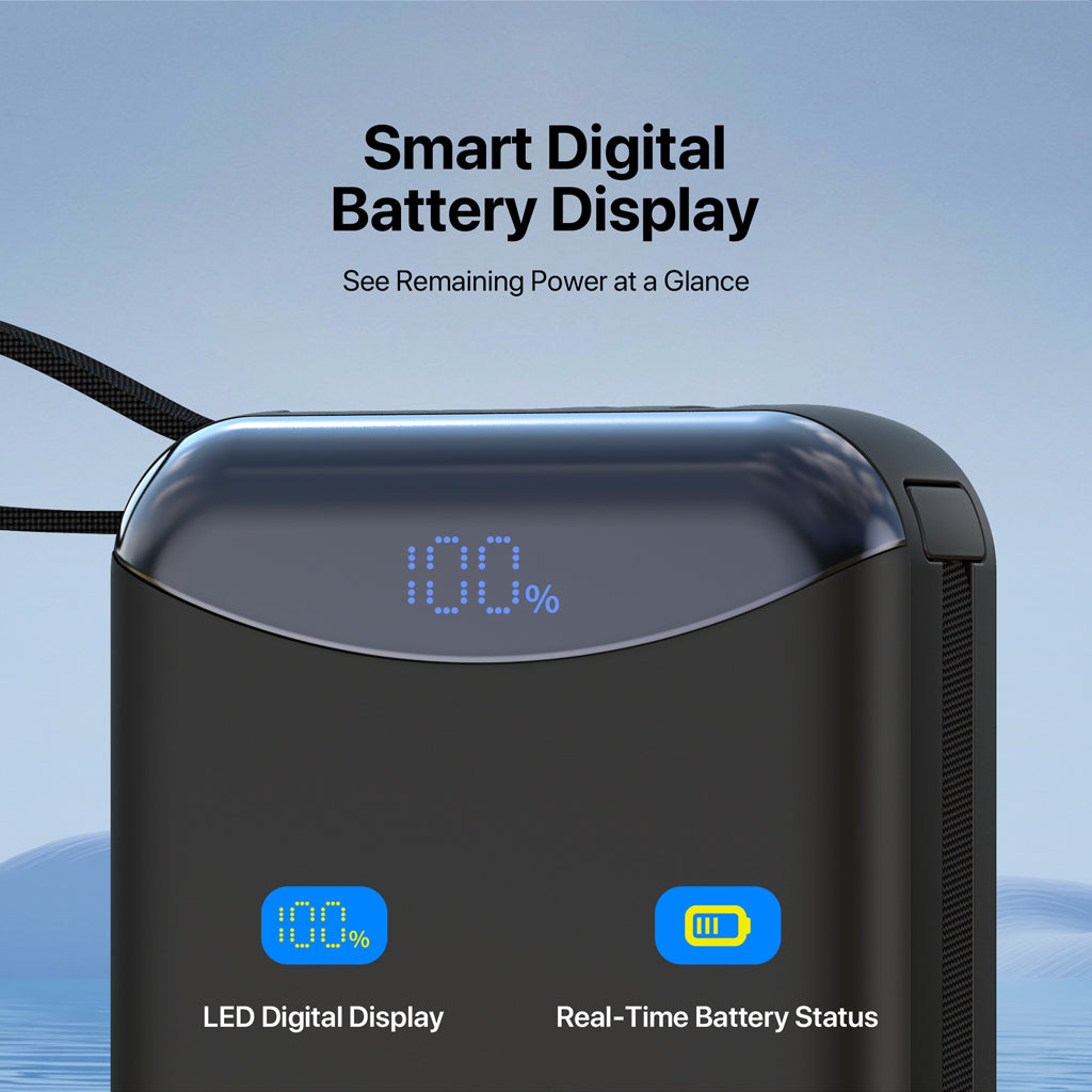 10000mAh Mini Power Bank with Built-in Cables for iPhone, Samsung & More - CW09