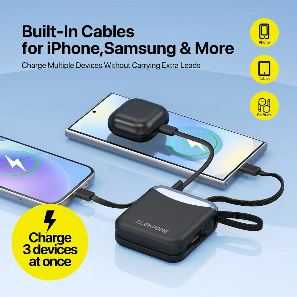 10000mAh Mini Power Bank with Built-in Cables for iPhone, Samsung & More - CW09