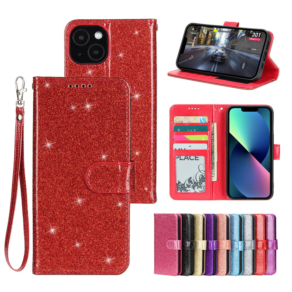 iphone 16 pro PU leather flip case shiny glitter finish 3 card slot (w-glitter3)