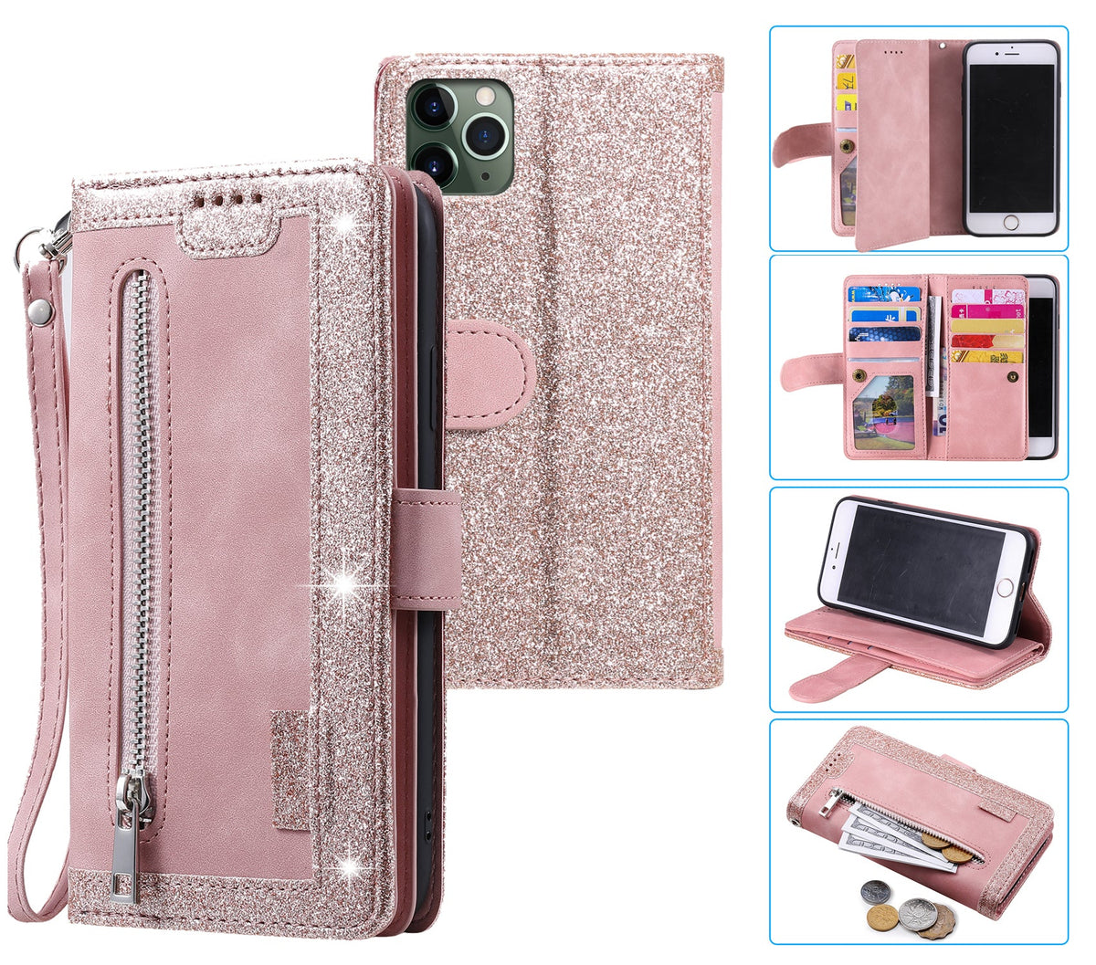 iphone 16 all in one wallet 9 card front zipper suede finish (w-014)