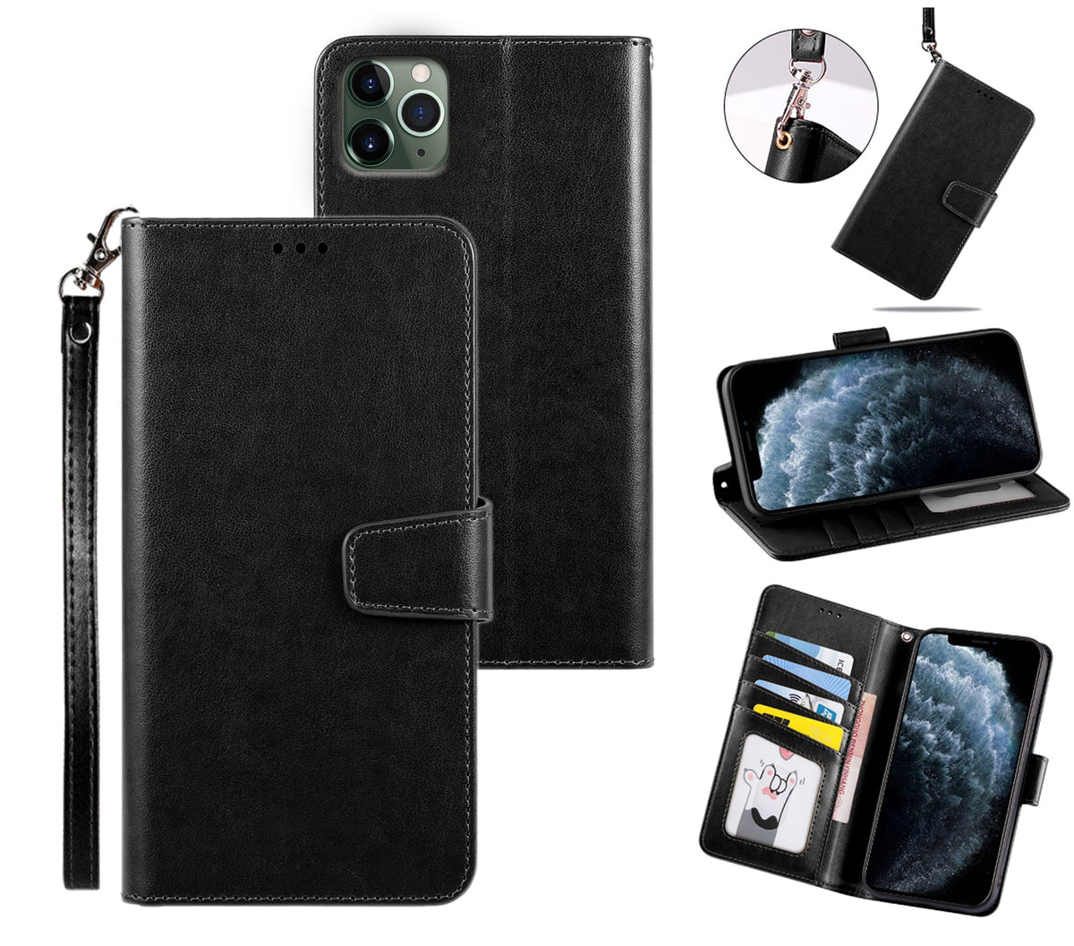 iphone 13 pro max flip wallet case top grain finish with 4 card slots (w-002)