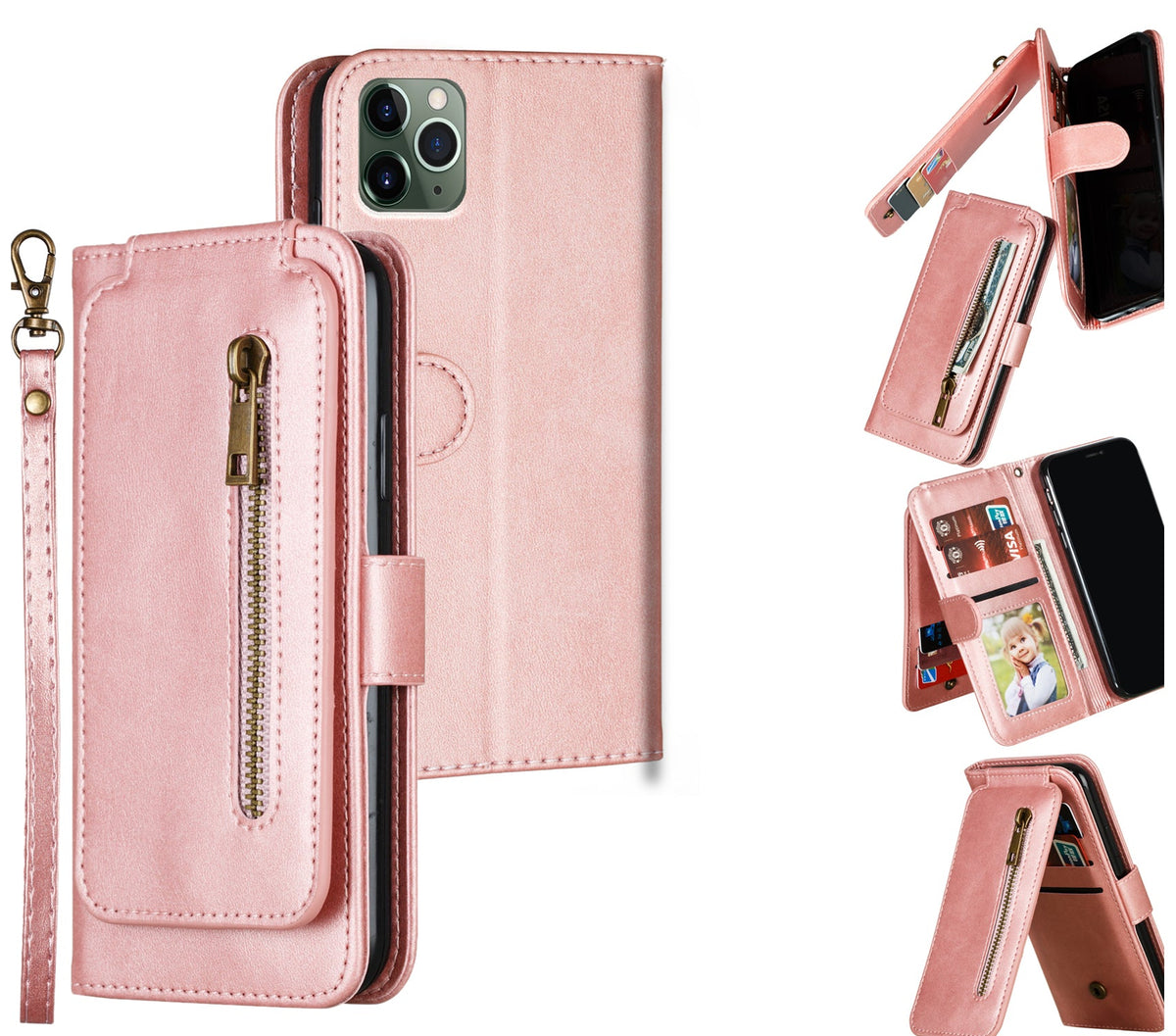 iphone 14 pro max 9 card wallet vertical flip w front zipper cowhide finish (w-013)