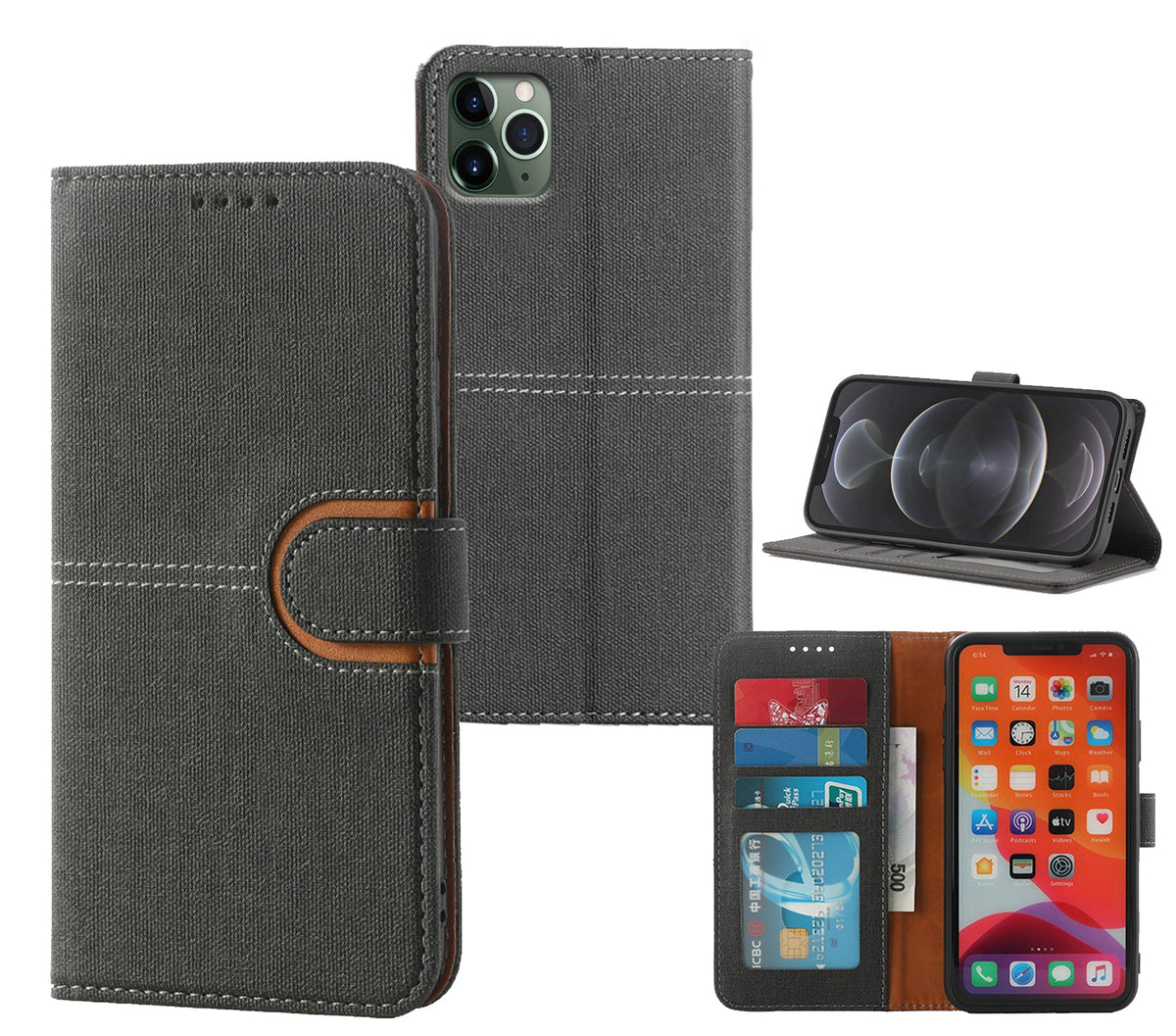 iphone 11 pro PU leather flip case canvas finish 3 card slot (w-canvas1)