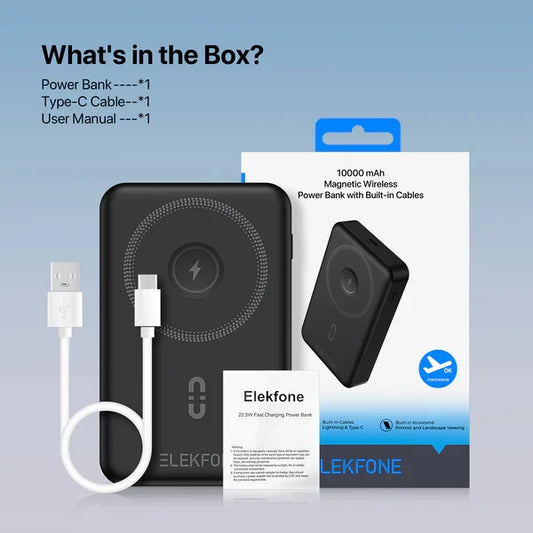 ELEKFONE Magnetic Wireless Power Bank with Built-in Cables and Kickstand product photo