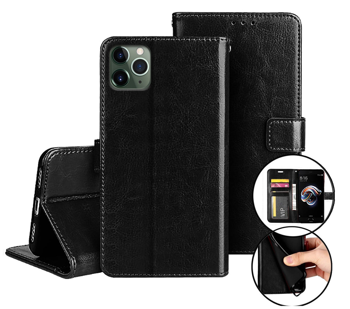 iPhone 17 Pro Max / 18 Pro Max flip wallet case cow hide glossy finish with 3 card slots (w-003)