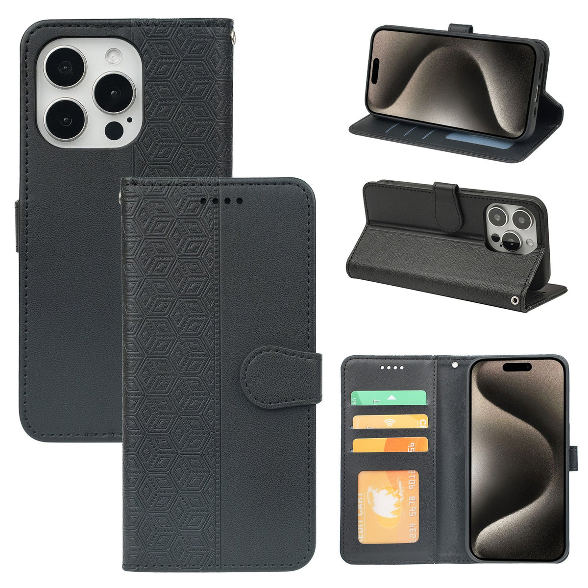 iphone x/xs PU leather flip case stitched, patterned, 3 card slot & front round shaped closure (w-R20P3C)