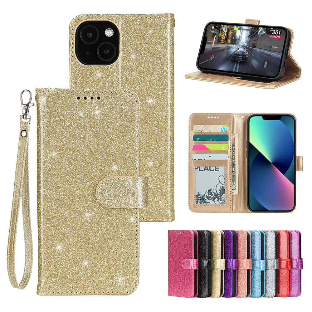 iphone 14 plus PU leather flip case shiny glitter finish 3 card slot (w-glitter3)
