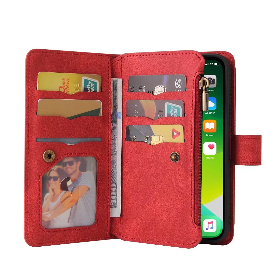 iPhone 14 Pro suede multifunction wallet case 15 cards & zipper pocket (w-018)