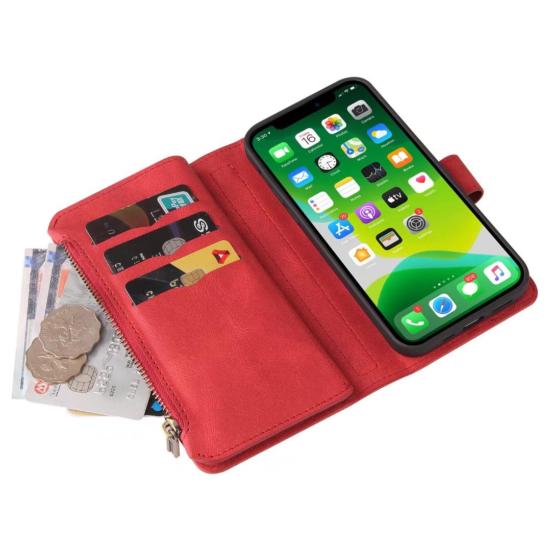 iPhone 13 mini suede multifunction wallet case 15 cards & zipper pocket (w-018)