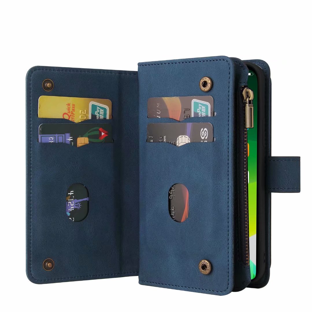 iPhone 13 mini suede multifunction wallet case 15 cards & zipper pocket (w-018)