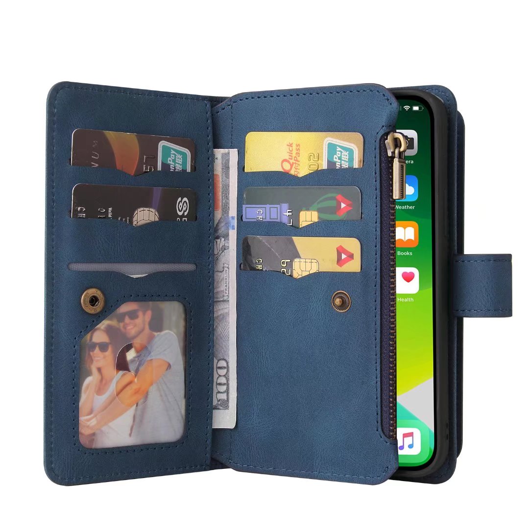 iPhone 13 Pro suede multifunction wallet case 15 cards & zipper pocket (w-018)