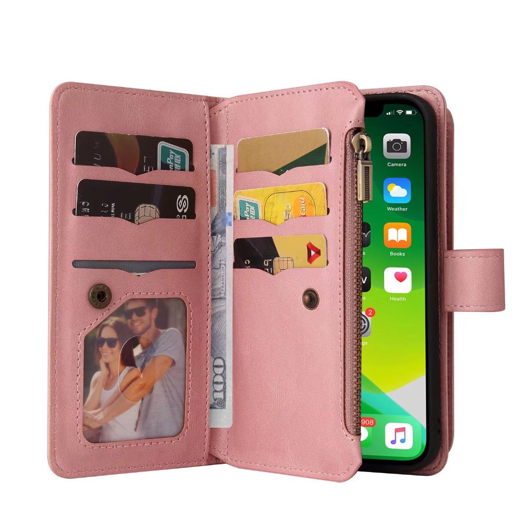iPhone 15 Pro suede multifunction wallet case 15 cards & zipper pocket (w-018)
