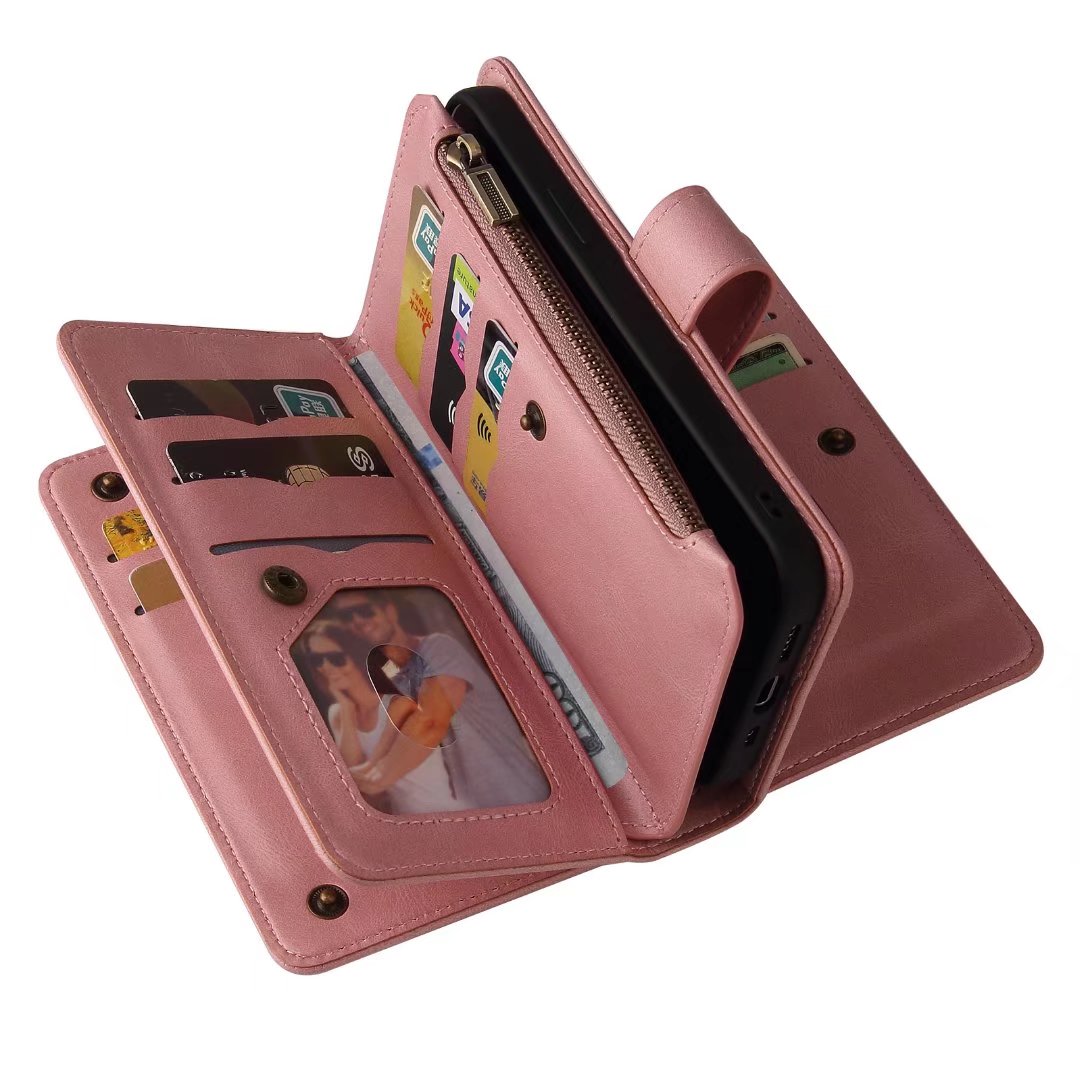 iPhone Xr suede multifunction wallet case 15 cards & zipper pocket (w-018)