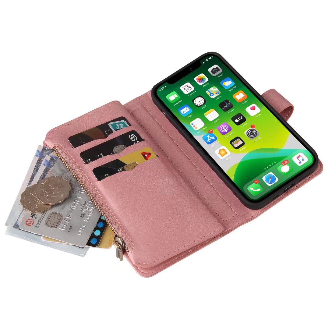 iPhone 14 Pro suede multifunction wallet case 15 cards & zipper pocket (w-018)