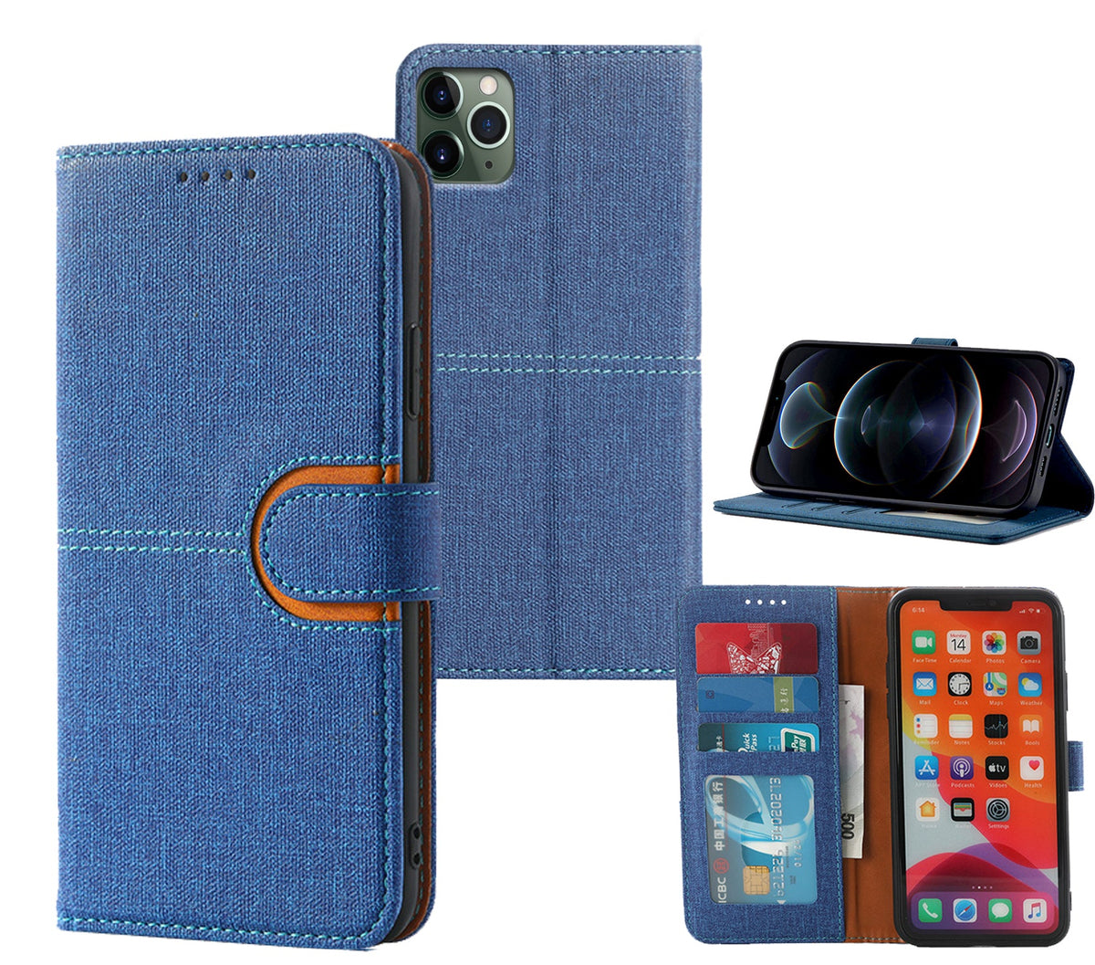 iphone 15 plus PU leather flip case canvas finish 3 card slot (w-canvas1)