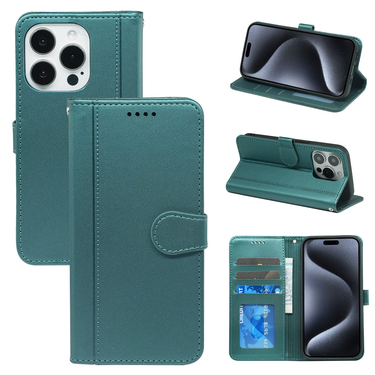 iphone 16e PU leather flip case stitched, 3 card slot & front round shaped closure (w-R203C)