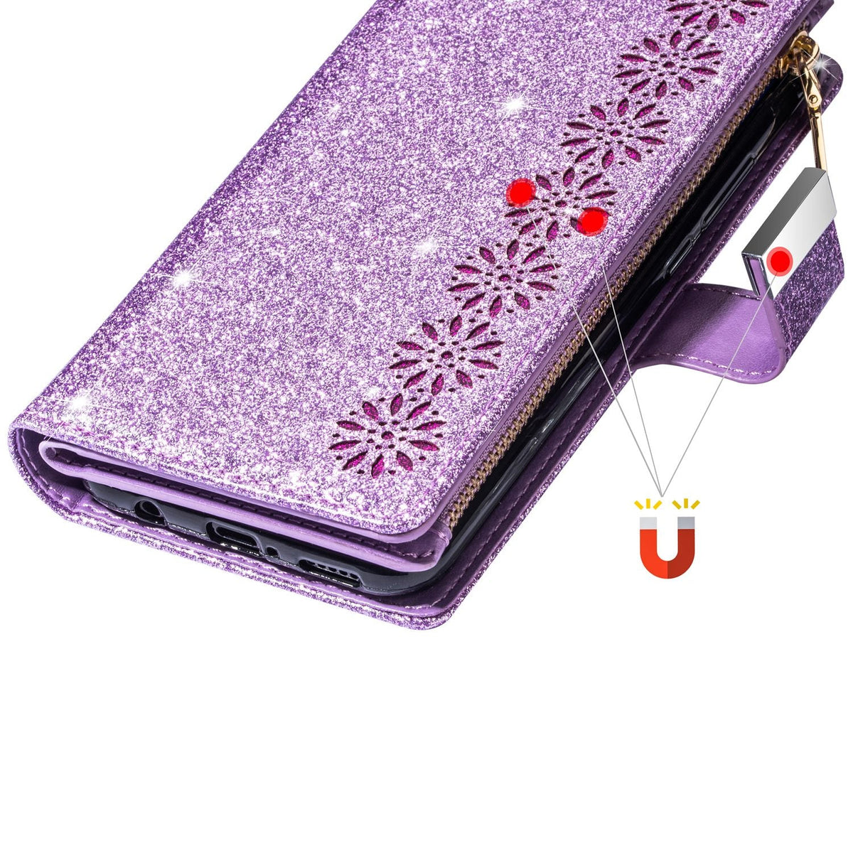 iphone 11 pro max multifunction wallet case glitter finish w lasered trim 9 card slots zipper pouch(w-009)