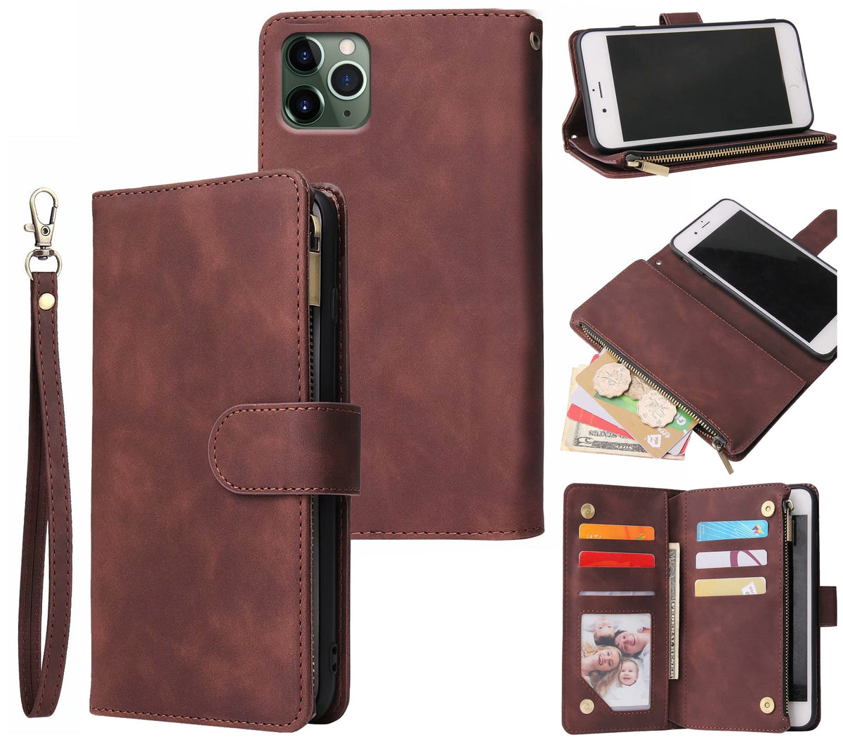 iphone 6 plus/7 plus/8 plus multifunction wallet case suede finish 6 card slots & zipper pouch(w-010)