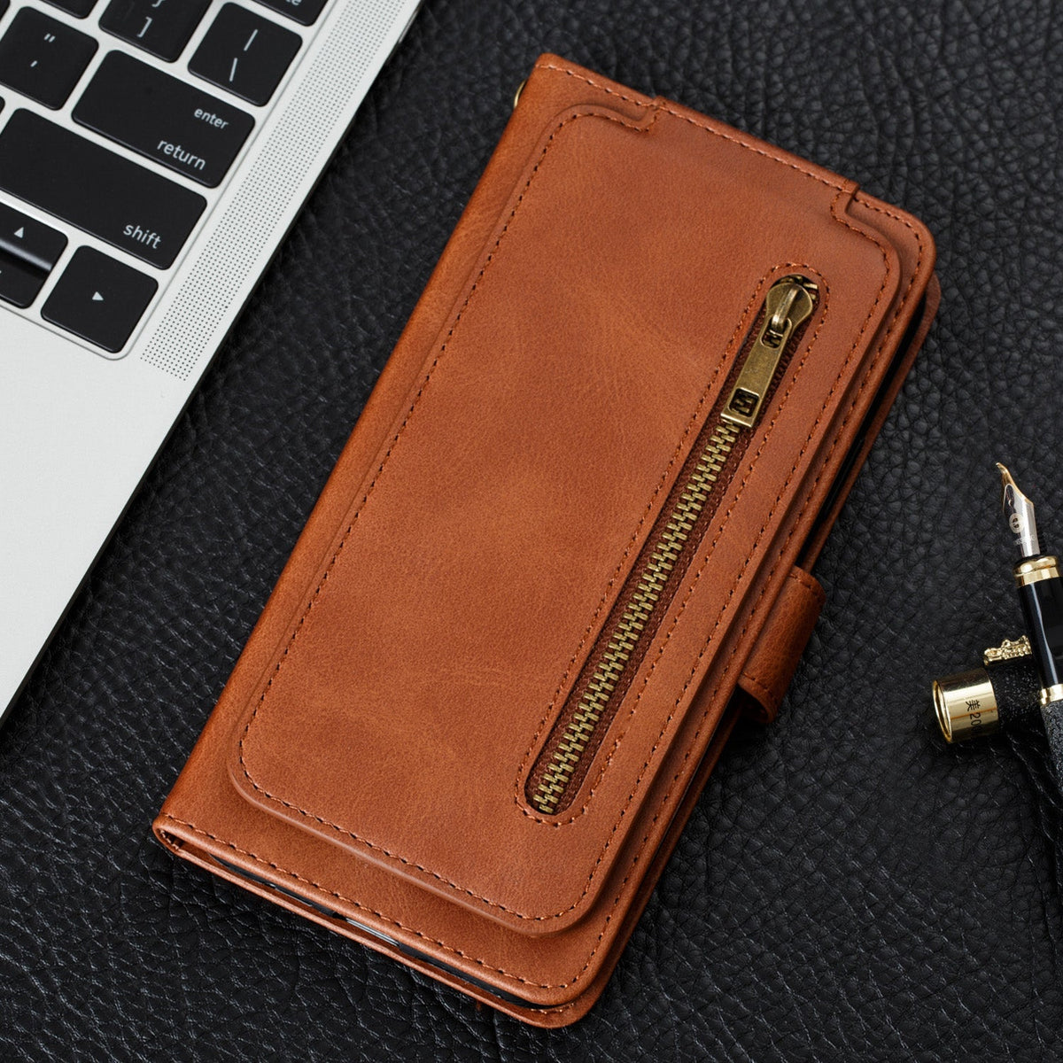iphone 17 9 card wallet vertical flip w front zipper cowhide finish (w-013)