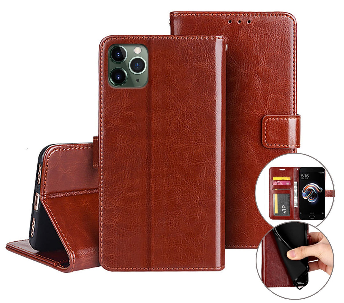 iphone 12 mini flip wallet case cow hide glossy finish with 3 card slots (w-003)