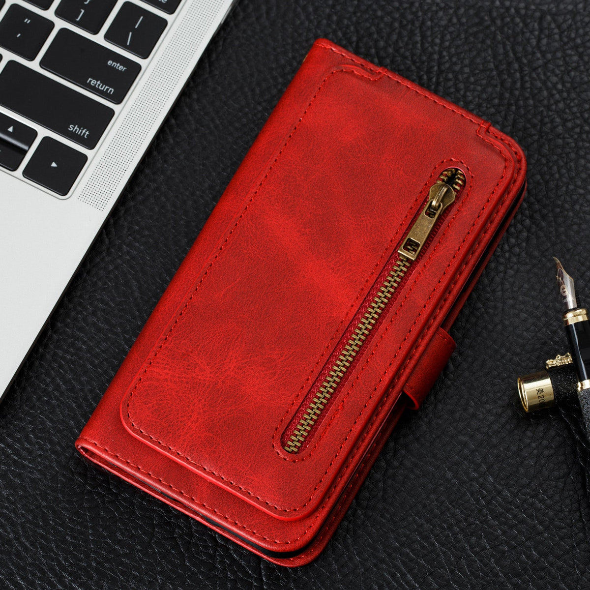 iphone 16 pro max 9 card wallet vertical flip w front zipper cowhide finish (w-013)