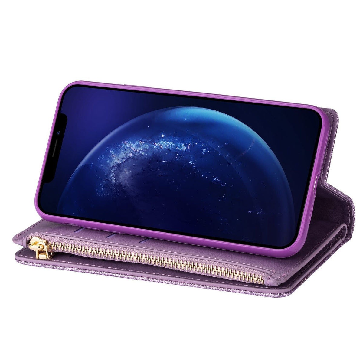 iphone 12 mini multifunction wallet case glitter finish w lasered trim 9 card slots zipper pouch(w-009)