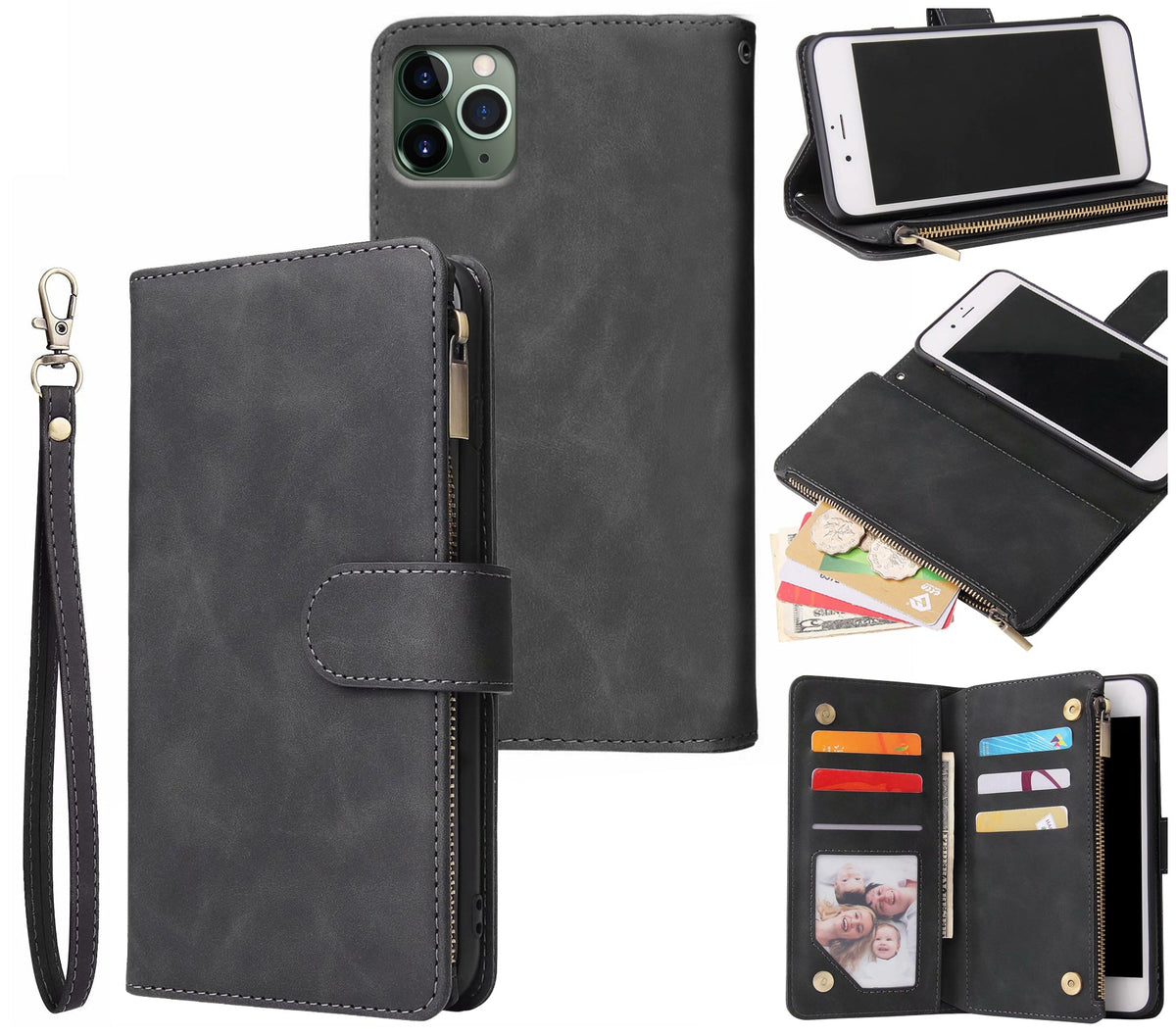 iphone xr multifunction wallet case suede finish 6 card slots & zipper pouch(w-010)