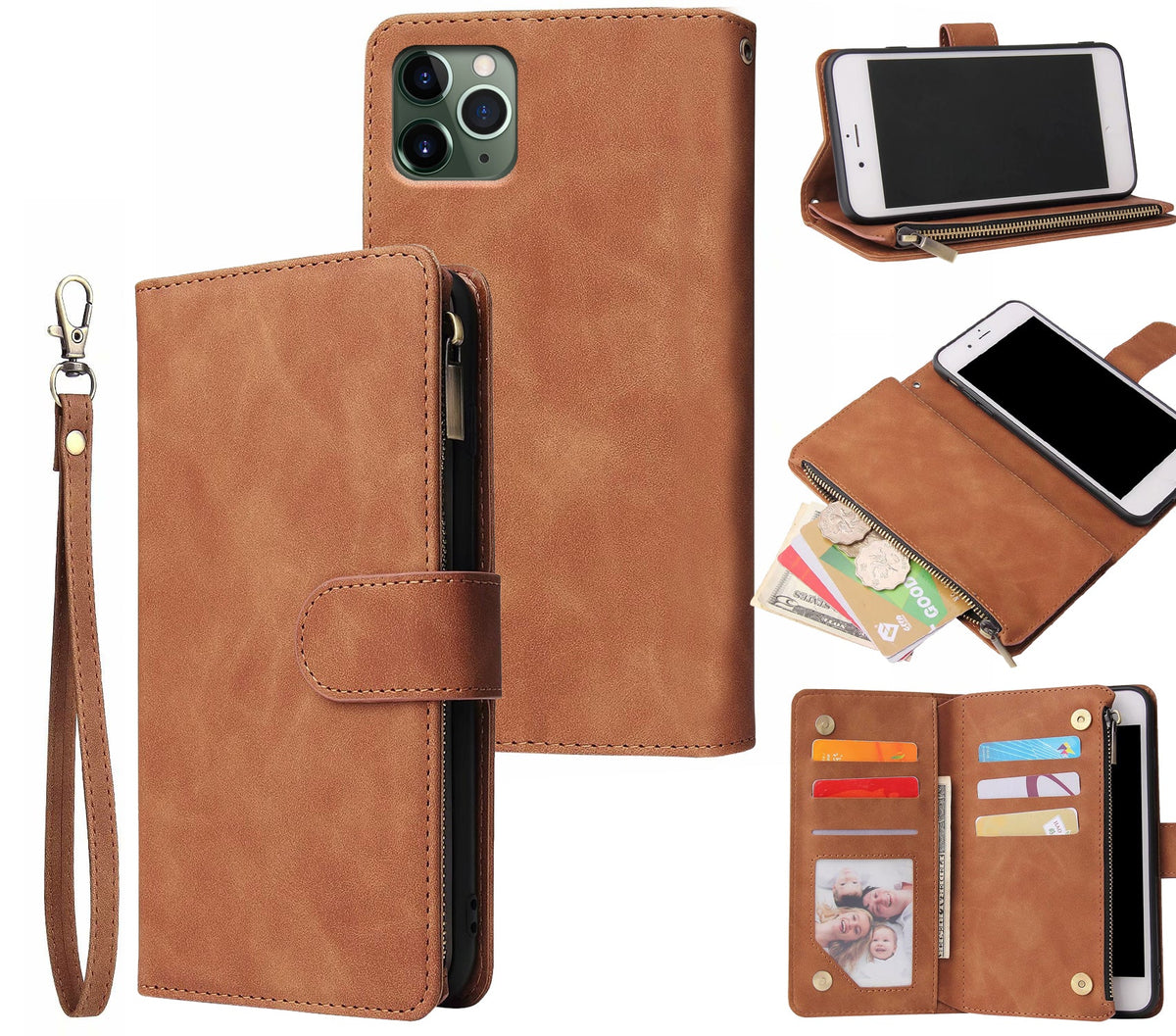 iphone xr multifunction wallet case suede finish 6 card slots & zipper pouch(w-010)