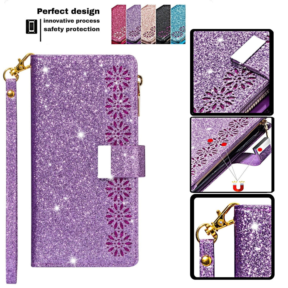 iphone xr multifunction wallet case glitter finish w lasered trim 9 card slots zipper pouch(w-009)