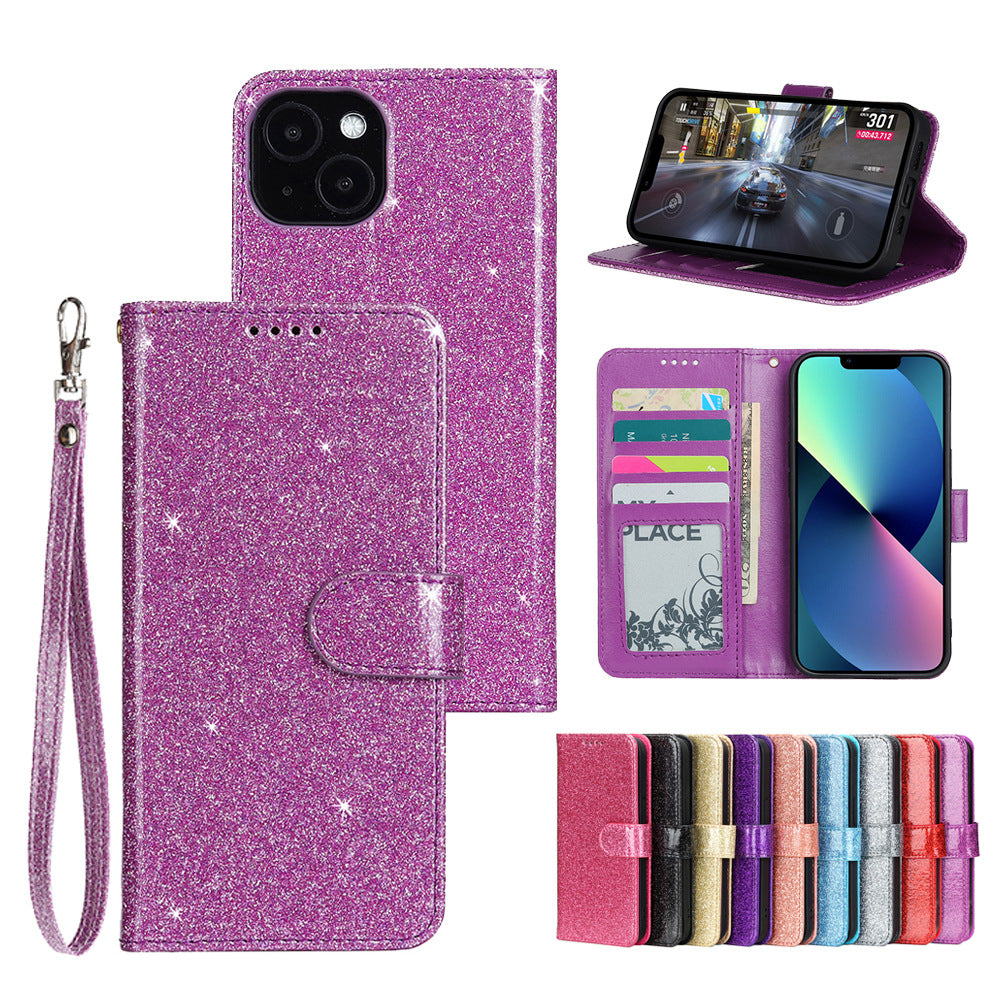 iphone 13/14 PU leather flip case shiny glitter finish 3 card slot (w-glitter3)