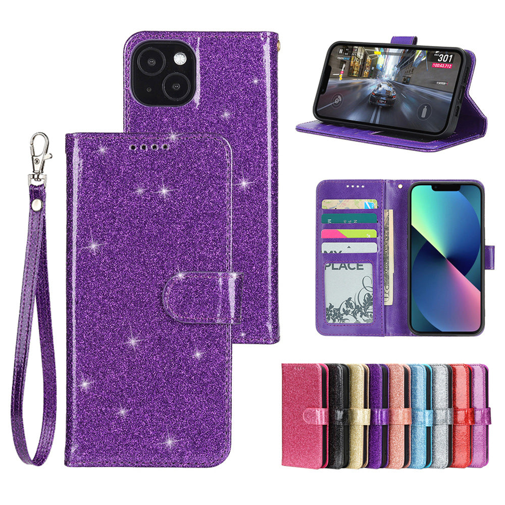 iphone 15 PU leather flip case shiny glitter finish 3 card slot (w-glitter3)