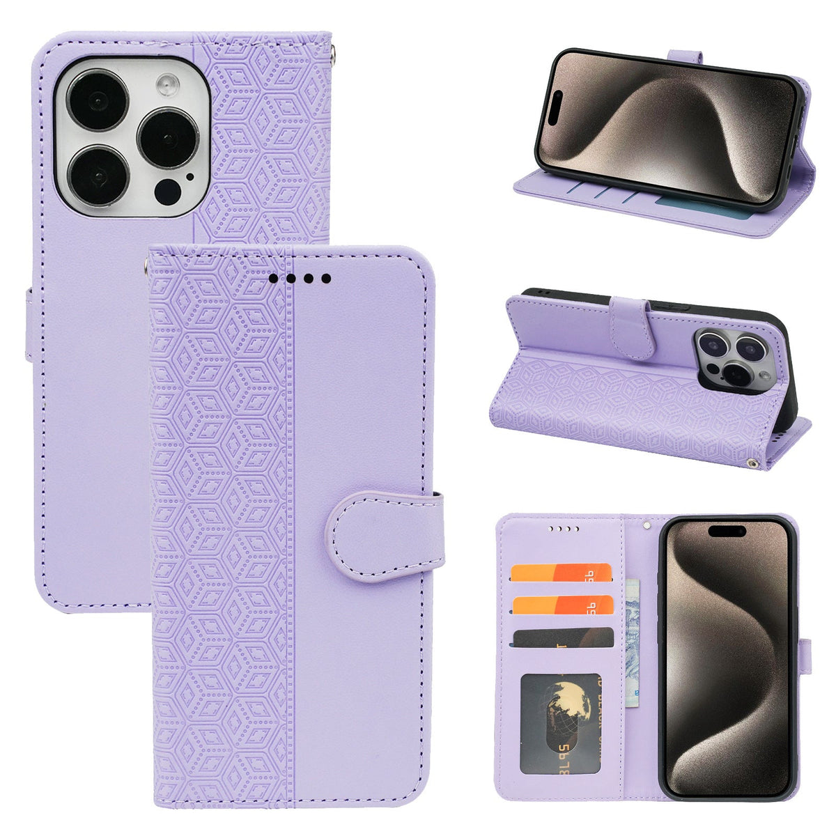 iphone 15 pro max PU leather flip case stitched, patterned, 3 card slot & front round shaped closure (w-R20P3C)