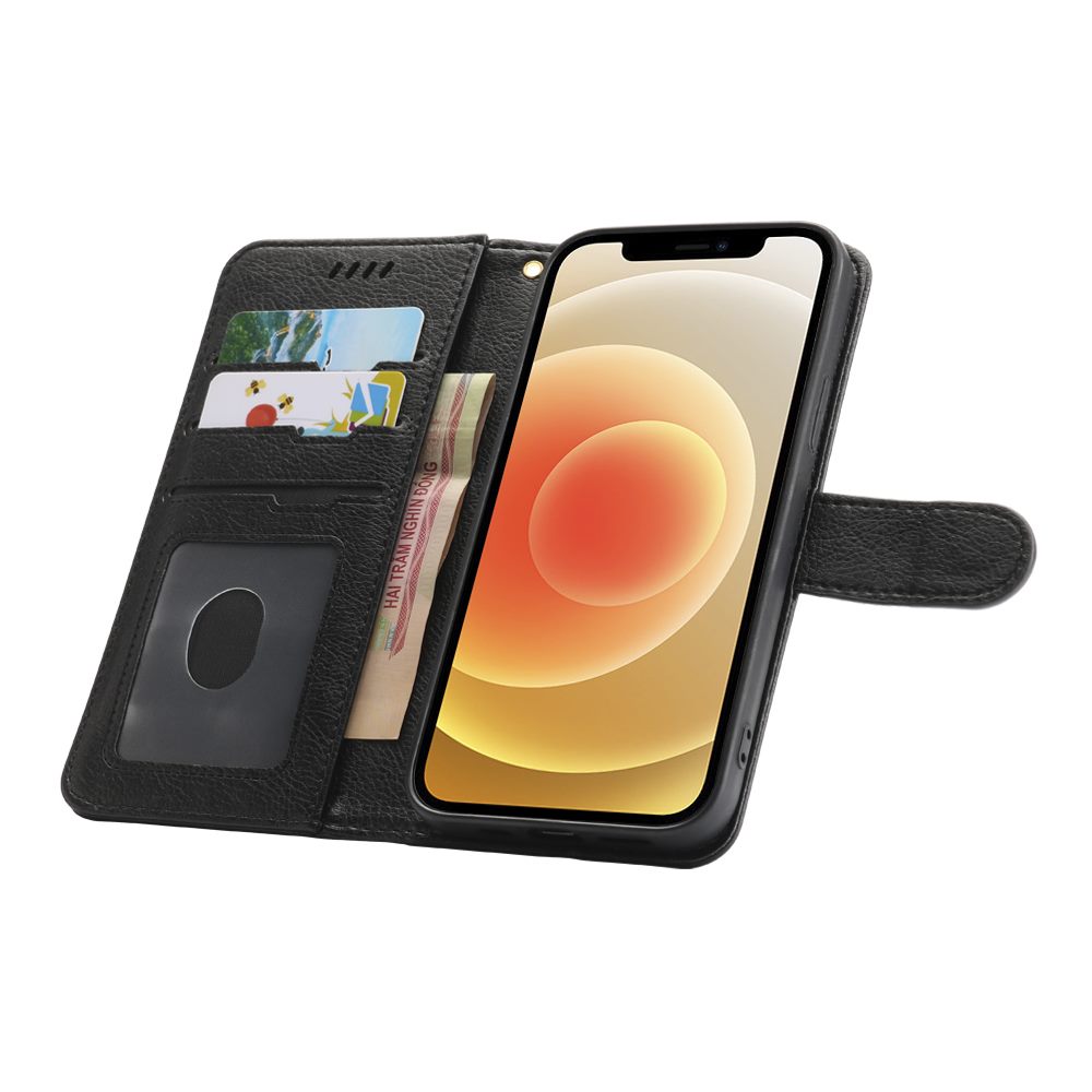 iphone 14 pro flip wallet case lichi grain finish with 3 card slots (w-004)