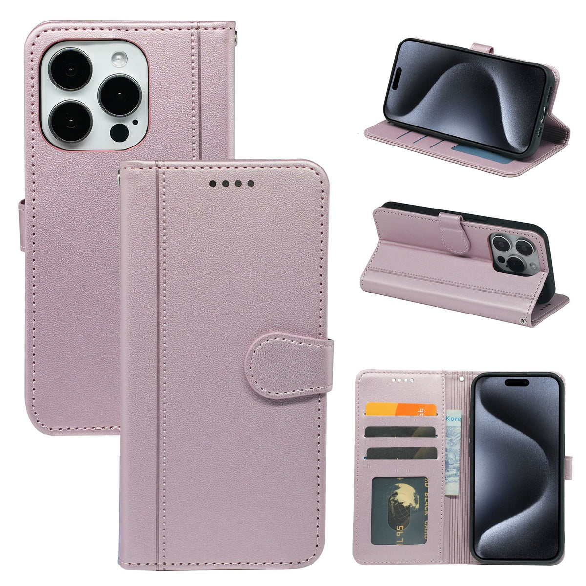 iphone 16 PU leather flip case stitched, 3 card slot & front round shaped closure (w-R203C)