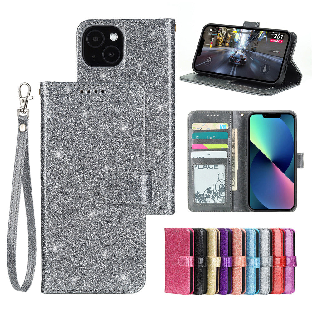 iphone 15 pro PU leather flip case shiny glitter finish 3 card slot (w-glitter3)