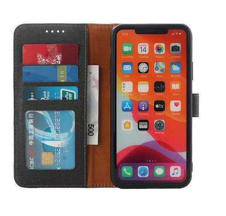 iphone 15 plus PU leather flip case canvas finish 3 card slot (w-canvas1)