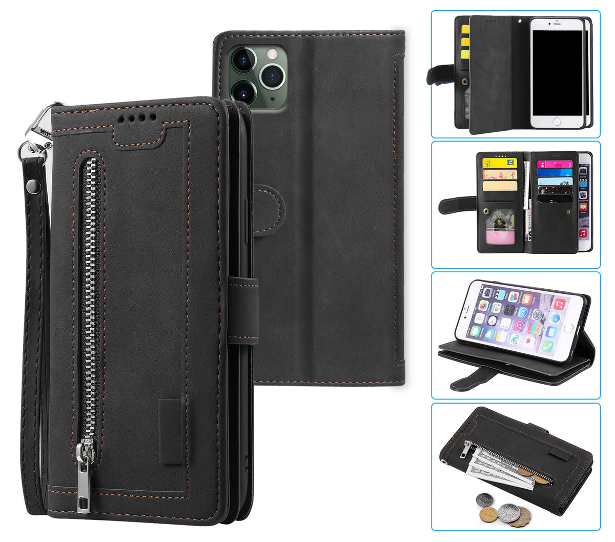 iphone 16e all in one wallet 9 card front zipper suede finish (w-014)