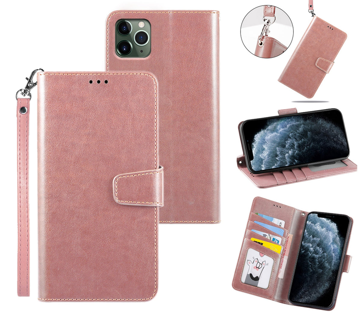 iphone 13/14 flip wallet case top grain finish with 4 card slots (w-002)