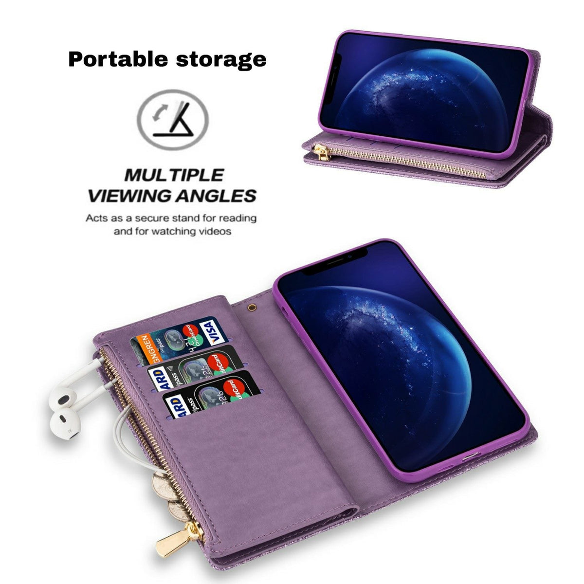 iPhone 15 Pro 9-Card Wallet Case with Zipper Pouch – Glitter Finish (W-009)