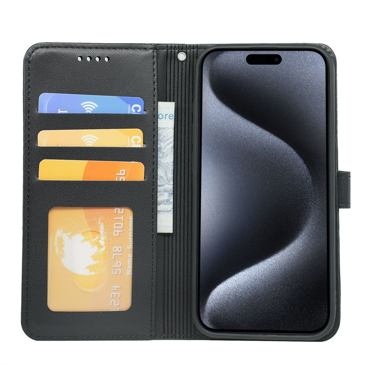 iphone xs max PU leather flip case stitched, 3 card slot & front round shaped closure (w-R203C)