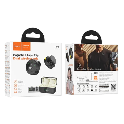 Dual Wireless Digital Microphone with USB-C Connector + Lightning Adaptor, ENC Noise Cancellation, Magnetic Lapel (L22) product image