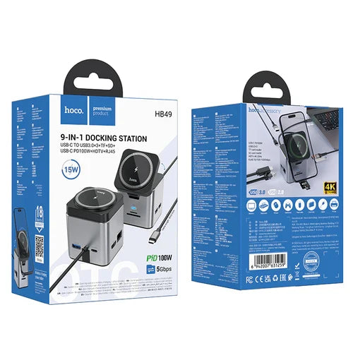 PD 100W 9 in 1 USB-C Multi Function Docking Station with Magnetic Charging Pad (HB49) product photo