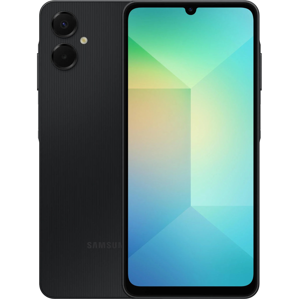 Samsung smartphone showing back and front views on a white background