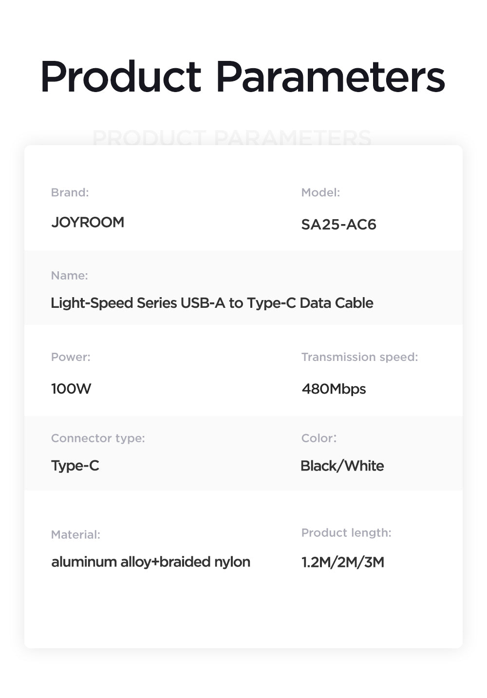 JOYROOM 100W USB-A to USB-C Fast Charging Data Cable 1.2M (Not for iPhone) -SA25-AC6