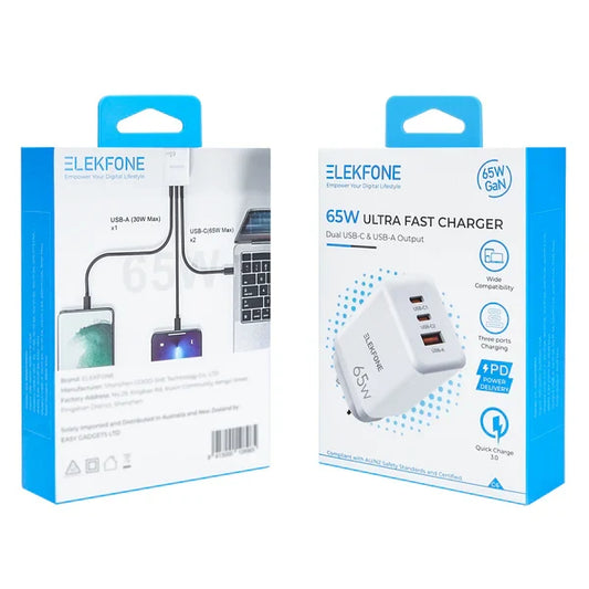 ELEKFONE 65W GaN Wall Charger Dual USB-C and USB-A Ports SAA Certified - C6 product photo