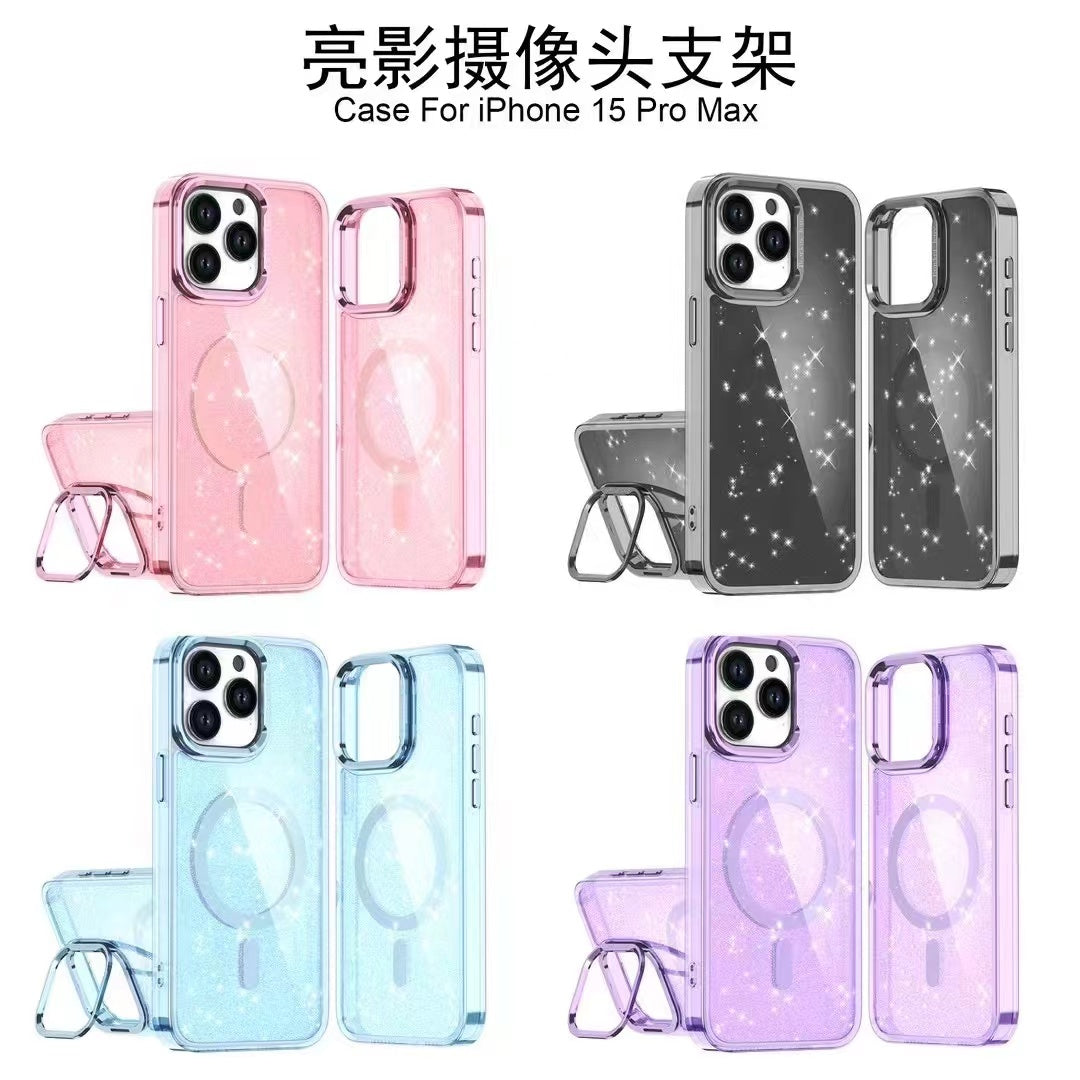 Iphone 15 pro max magsafe fashion hard glitter case foldable metallic camera frame & button