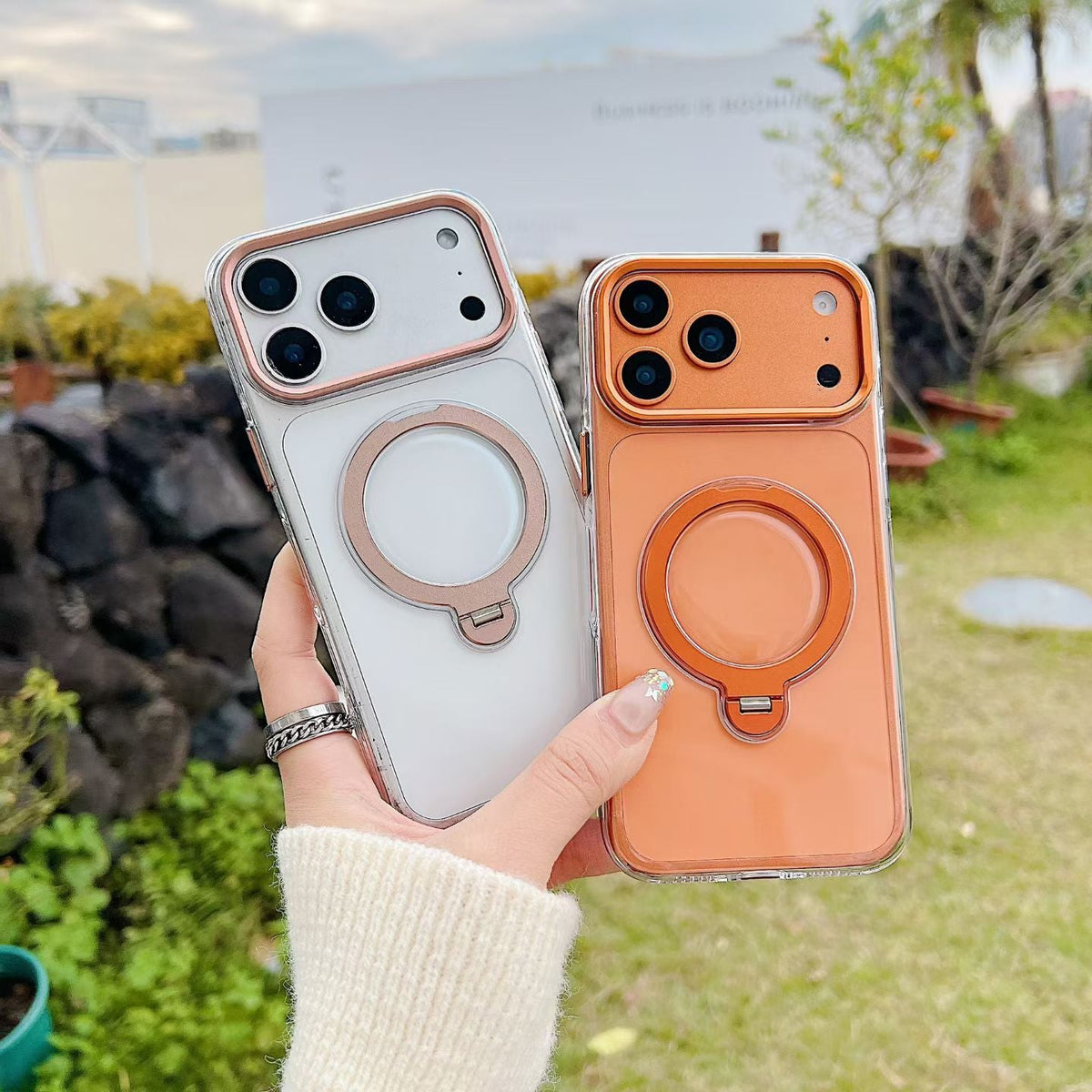 IPhone air Crystal Clear MagSafe Case with Rotating Magnetic Ring & Metallic Camera Frame