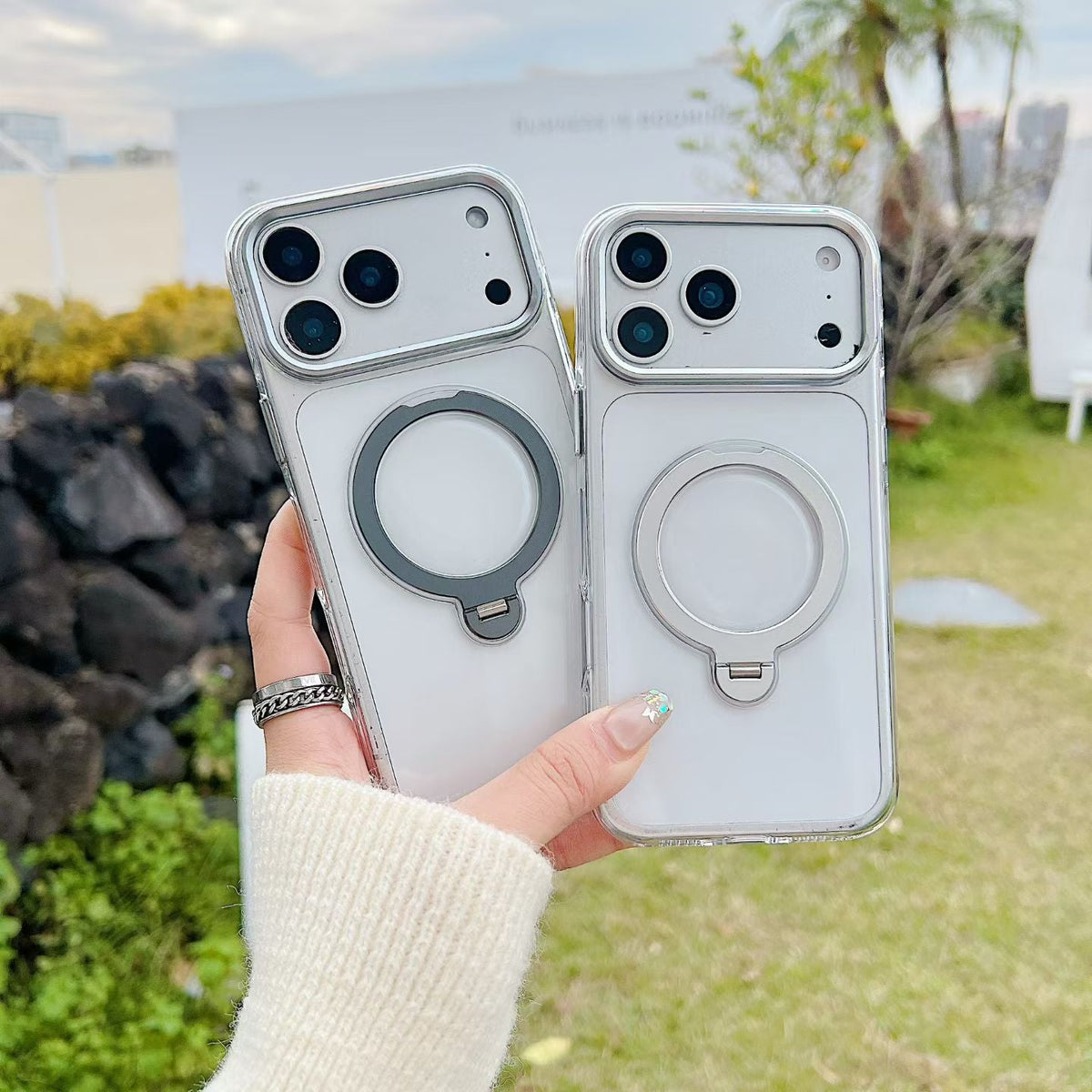 IPhone 12 pro max Crystal Clear MagSafe Case with Rotating Magnetic Ring & Metallic Camera Frame